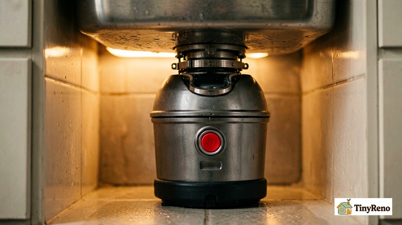 Close-up of the red reset button on the bottom of a garbage disposal unit under the kitchen sink