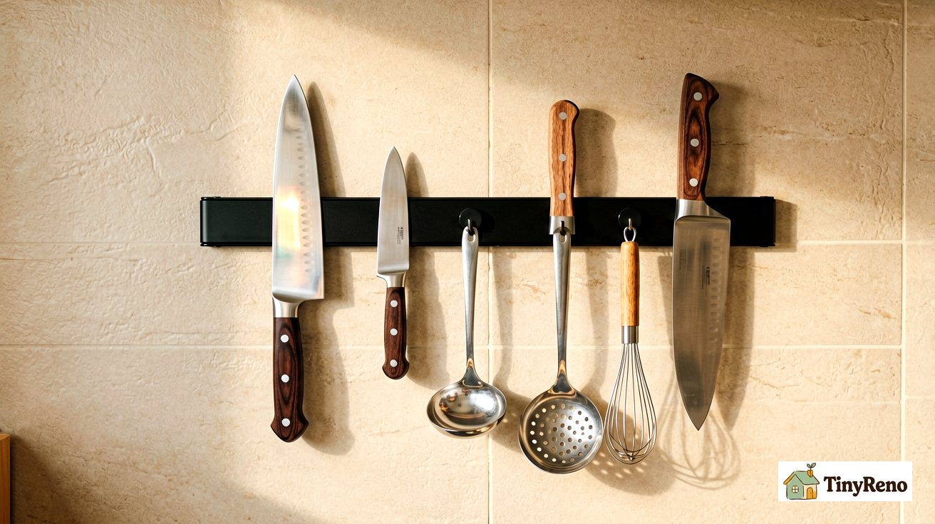 A magnetic knife strip mounted on a kitchen wall holding kitchen knives and utensils