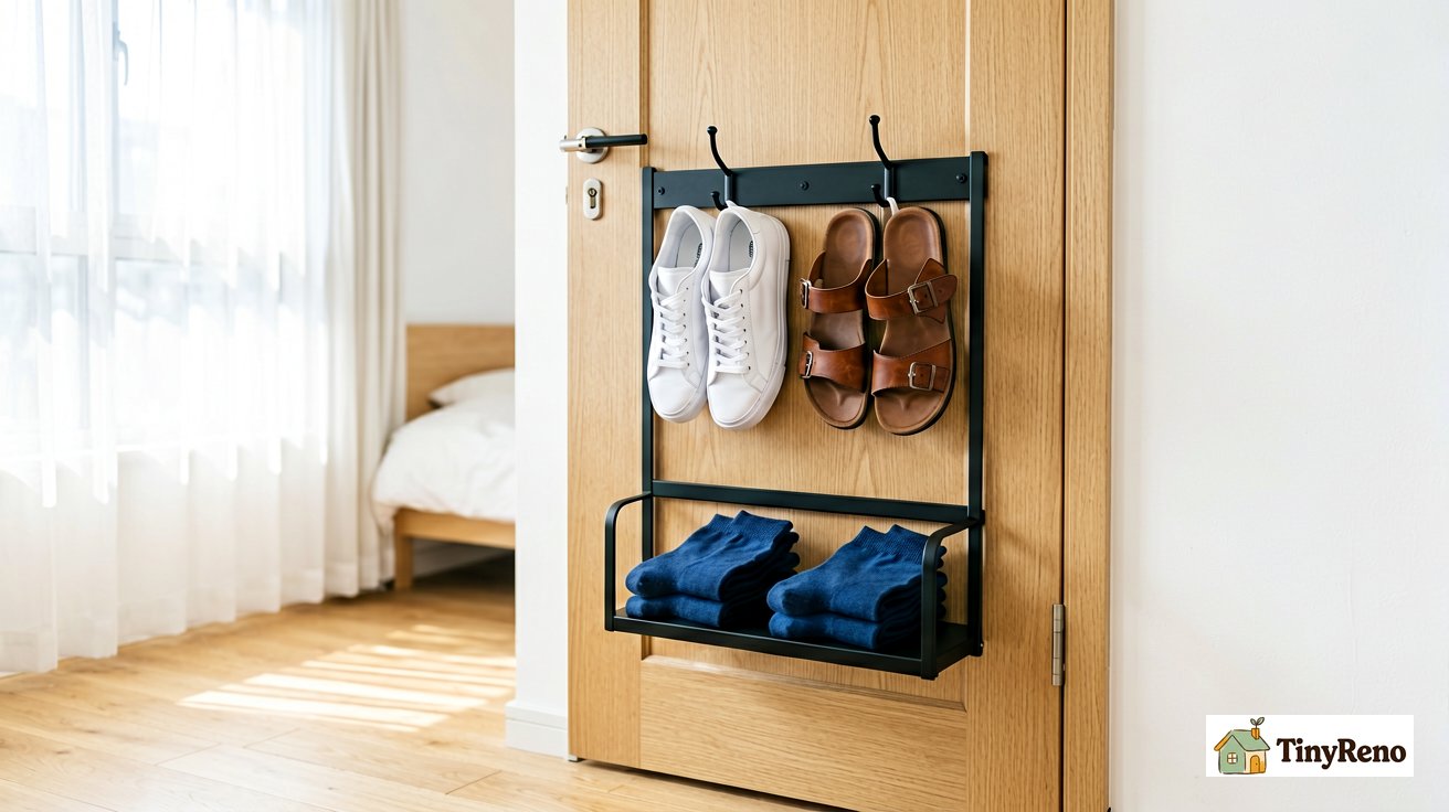 An over-the-door shoe organizer hanging on a bedroom door holding sneakers and sandals