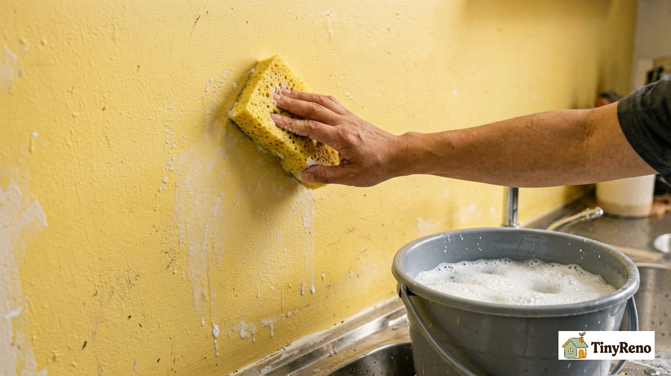 A hand wiping a yellow-stained wall with a sponge in a kitchen