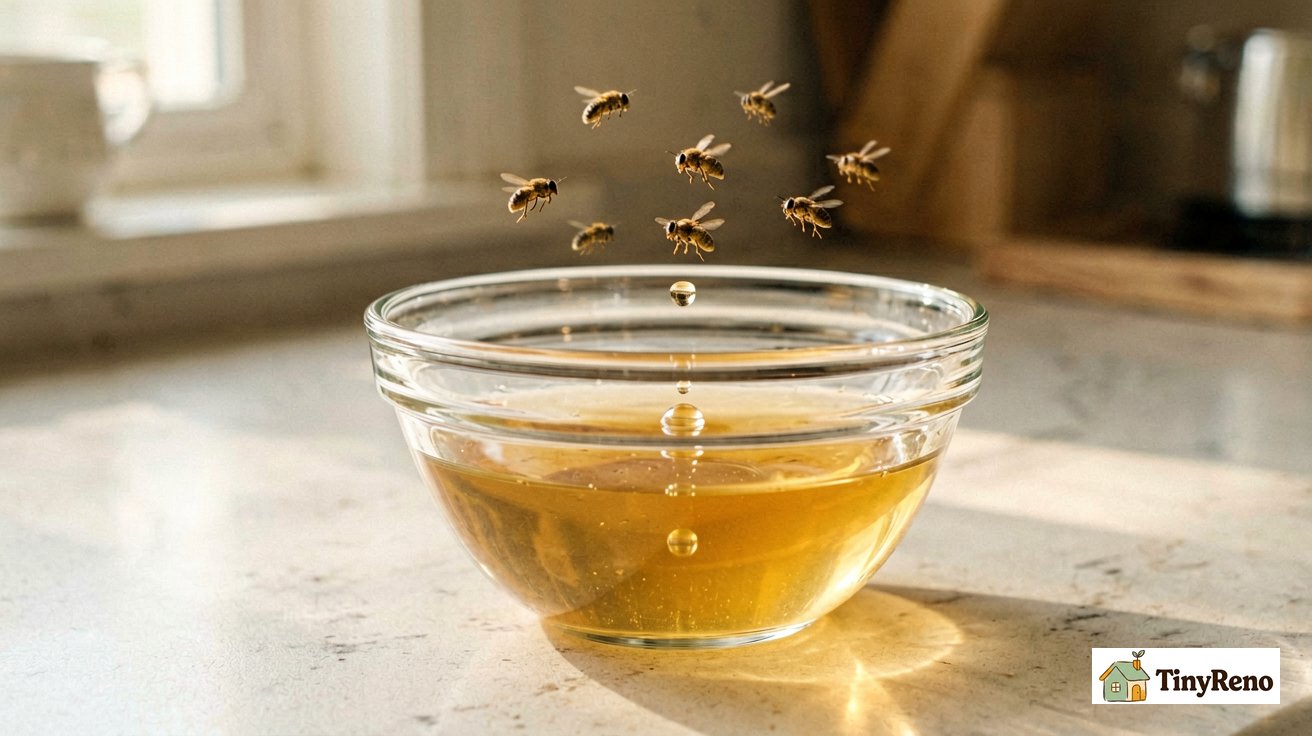 A glass bowl of apple cider vinegar with dish soap on a kitchen counter, fruit flies hovering