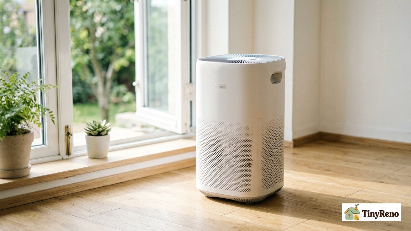 A white air purifier near an open window