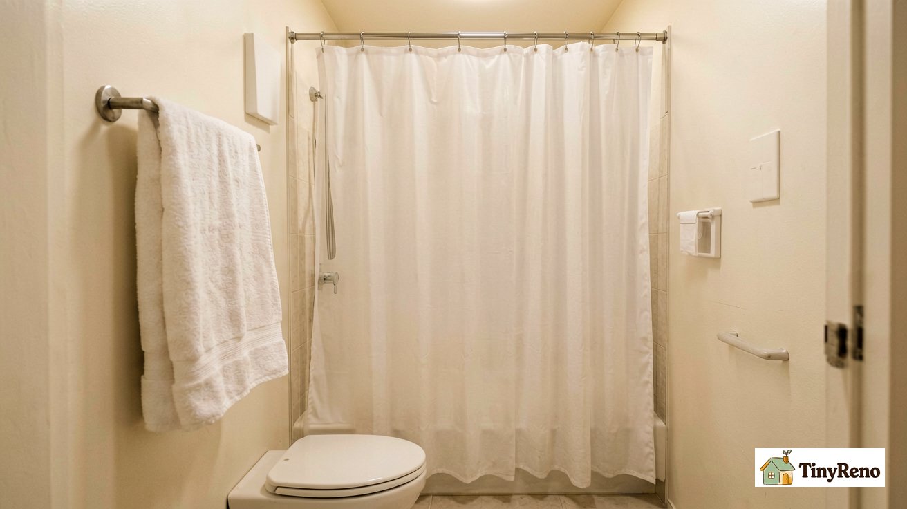 A small rental bathroom with white towels hanging and warm soft lighting