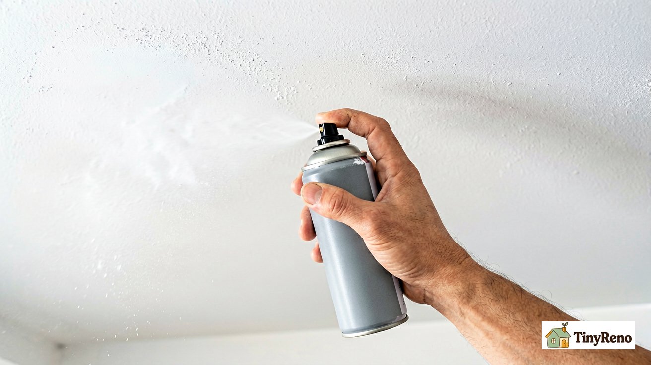 A hand holding a spray can of ceiling texture aimed upward at a ceiling