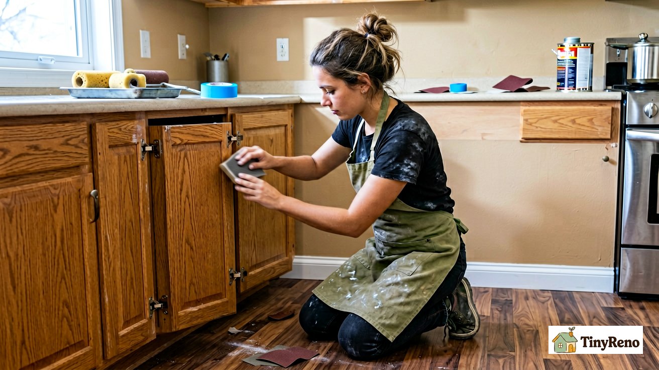 A 30-year-old woman in a faded black t-shirt and canvas apron sanding a detached oak cabinet door on a kitchen counter, with primer, foam roller, blue painter's tape, and sandpaper spread out beside her.
