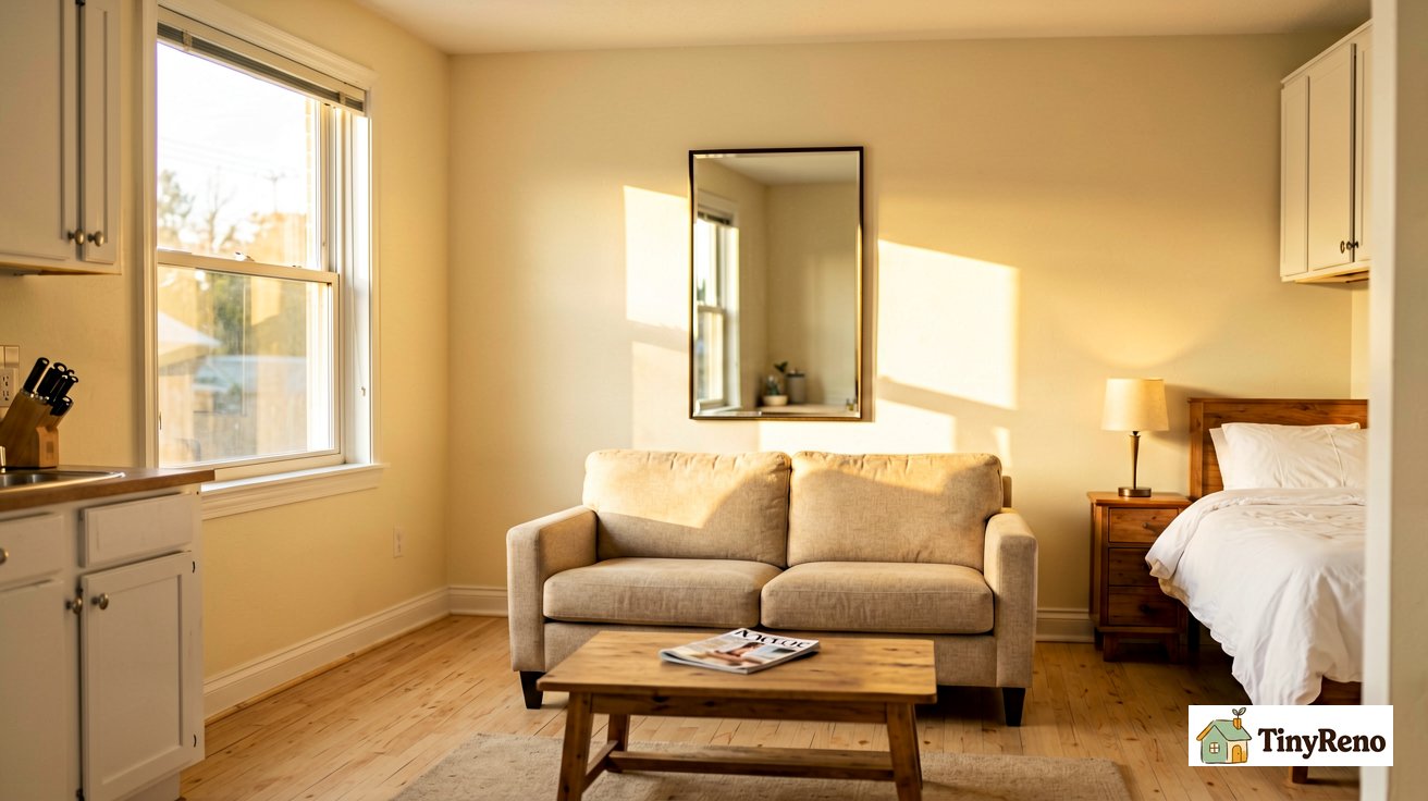 A modern studio apartment with afternoon light streaming in from a window on one wall and bouncing off a tall mirror propped on the opposite wall, illuminating the room with doubled natural light.