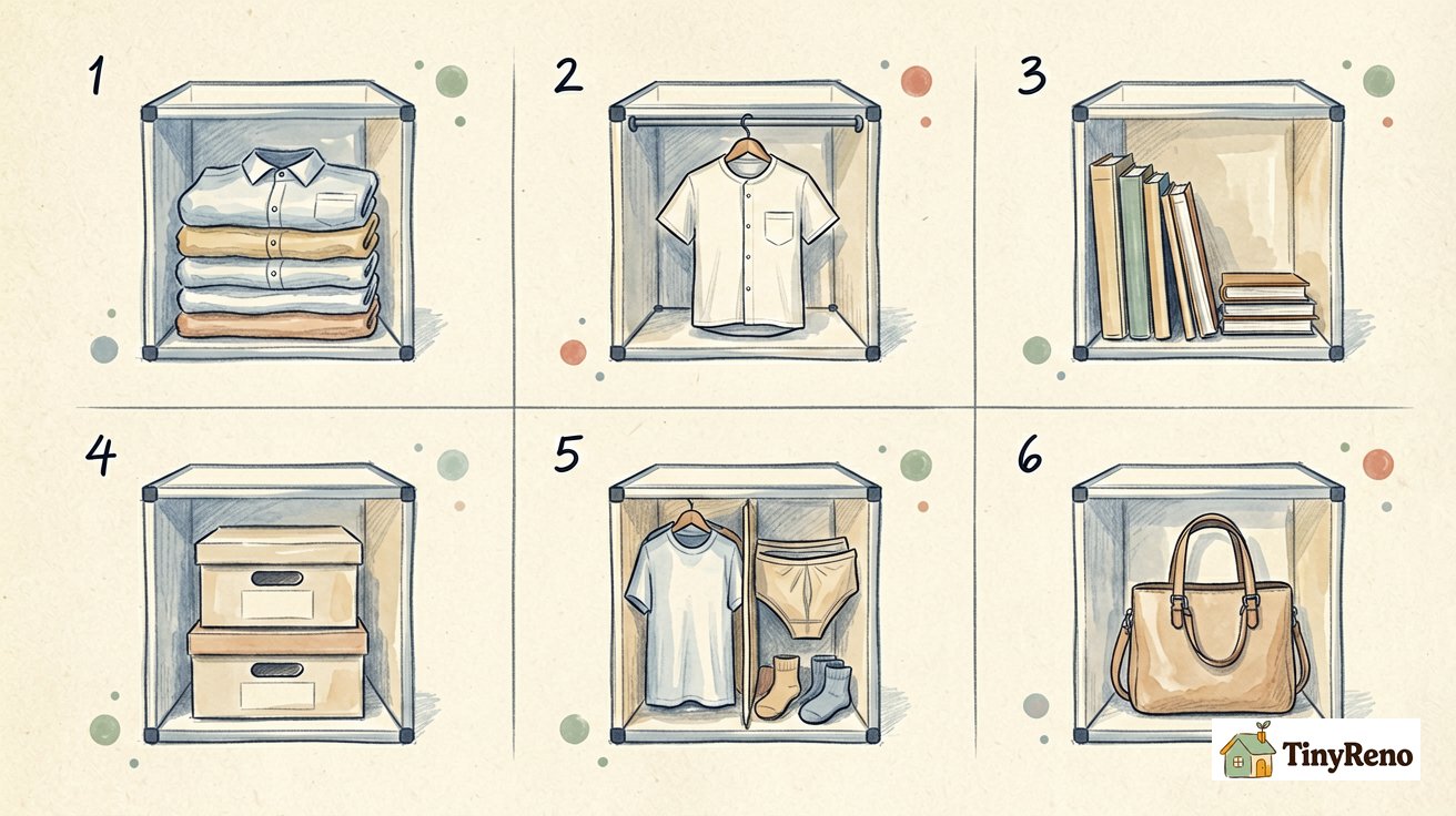 Six schematic panels showing different cube-bin configurations: folded clothes stacked, hanging rod with shirt, vertical books, stacked shoe boxes, vertical dividers separating clothing categories, handbag standing upright.