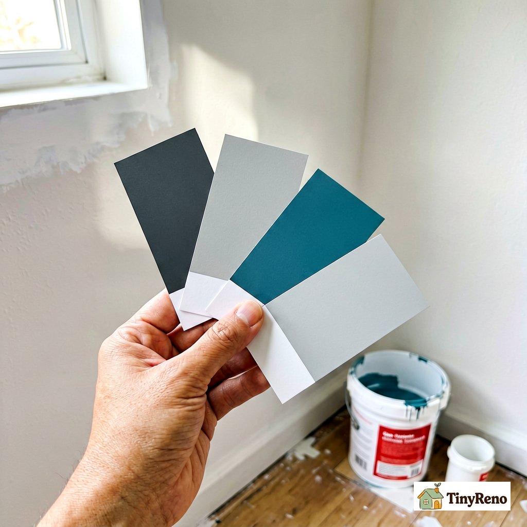 Hand holding four paint sample cards against a wall in a small bedroom with paint can visible on floor in background