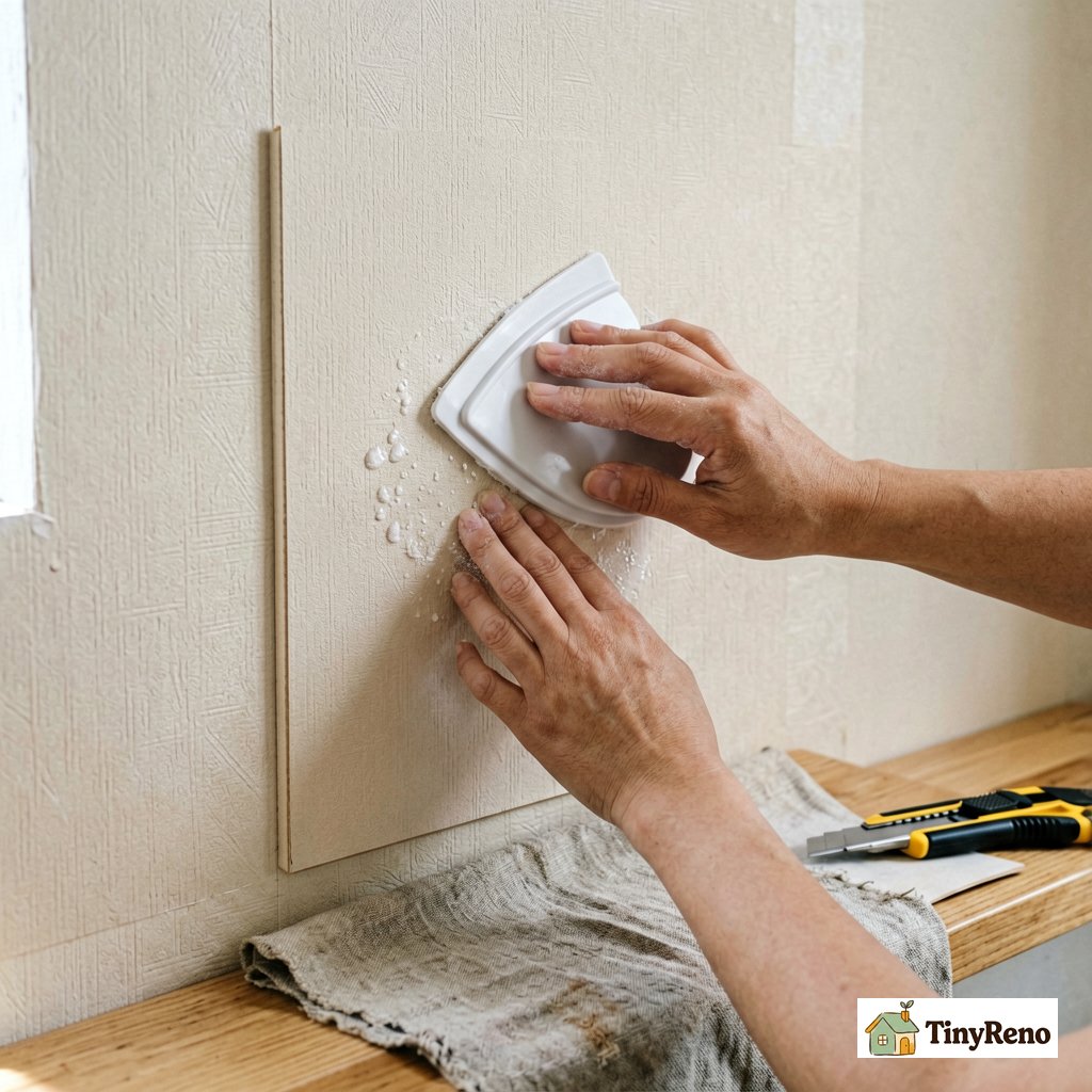 Hands smoothing peel-and-stick wallpaper onto a wall with a plastic smoothing tool to push out air bubbles