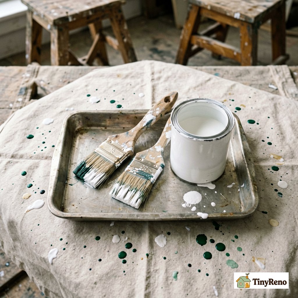 Overhead view of paint tray with two angled sash brushes, open can of white trim paint, drop cloth splattered with paint drops