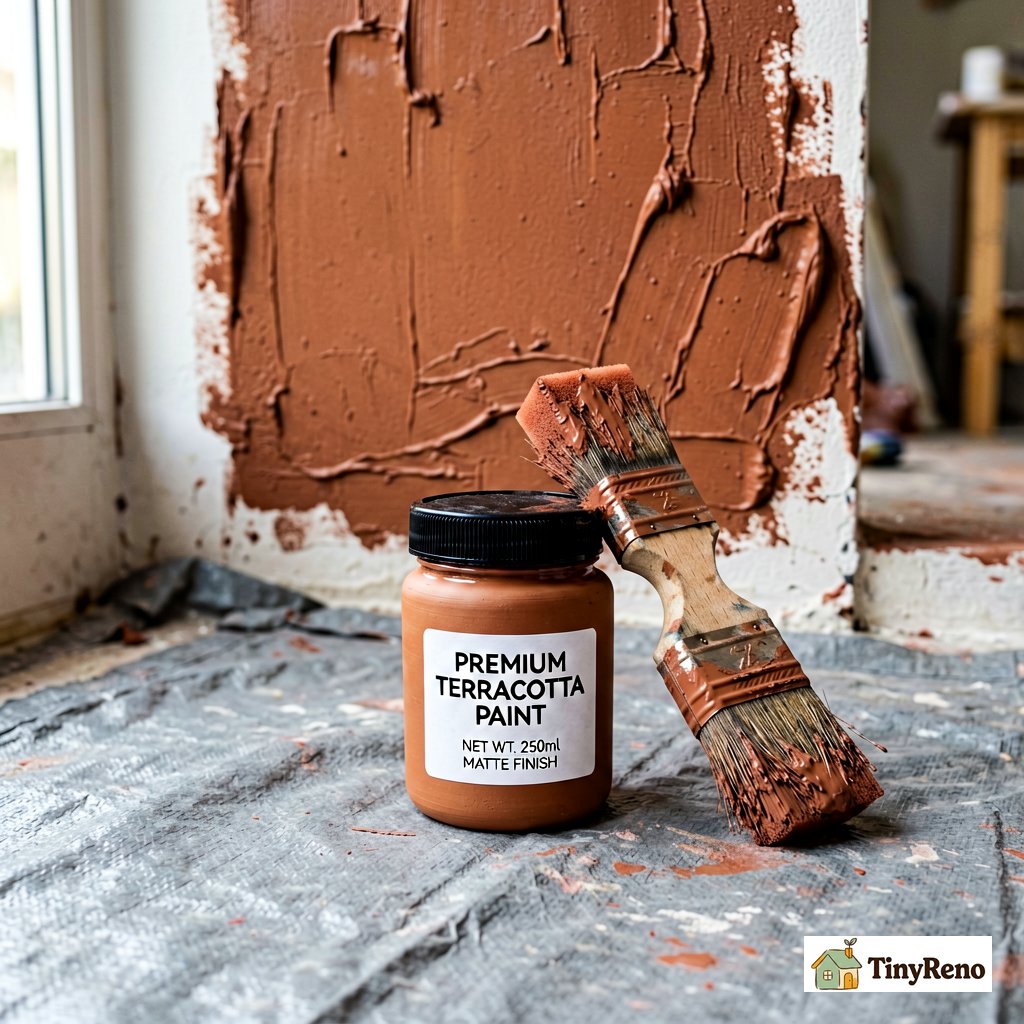 Small paint sample pot of terracotta paint next to brushes and drop cloth with partially painted wall in background