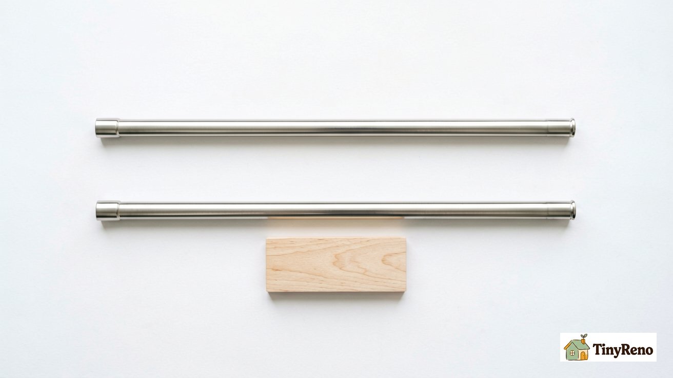 Two stainless steel tension rods and a small plywood rectangle laid out on a white surface — the components for an above-fridge tension rod shelf.
