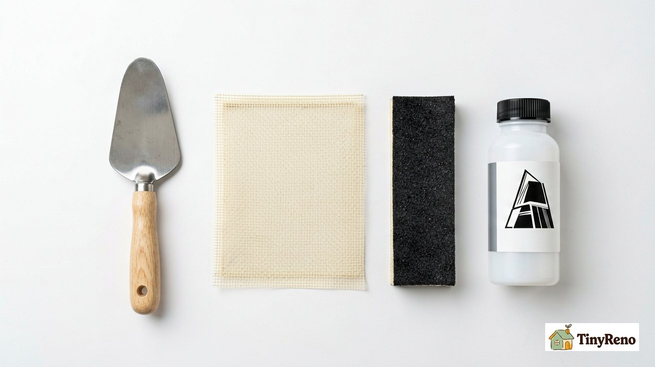 A flat lay of drywall patching tools on a white surface: putty knife, mesh patch, sanding block, and small paint sample bottle.