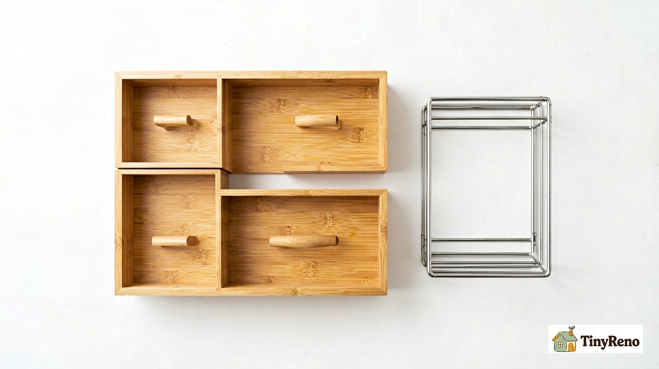 Bamboo drawer dividers and a metal shelf riser laid out on a white surface — the basic organizers used in a renter kitchen cabinet.