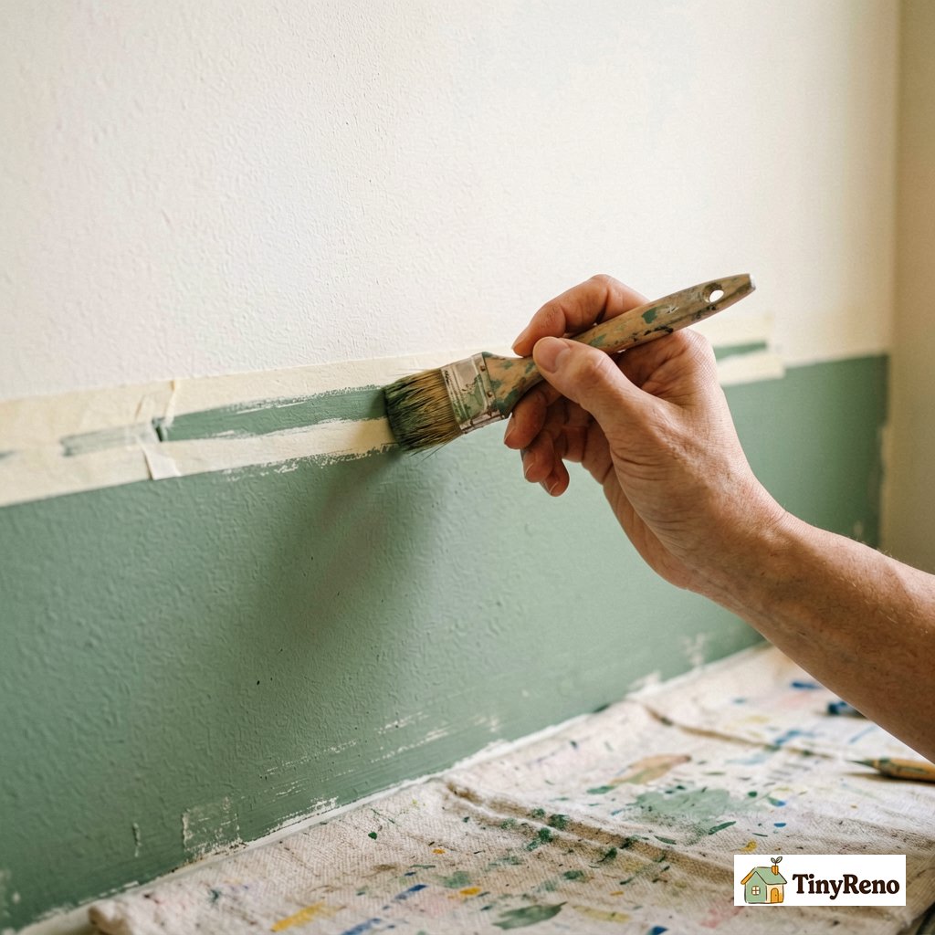 Hand painting a horizontal color line on a two-tone wall using painter tape