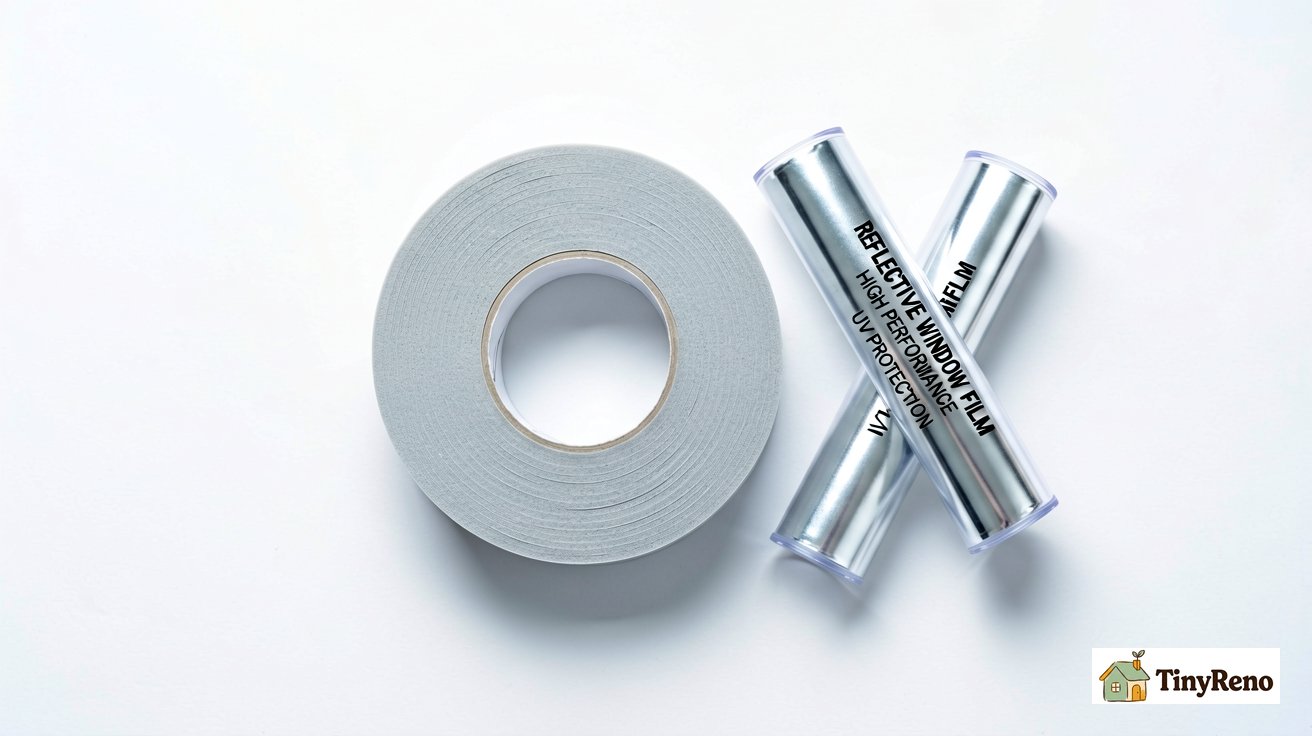 A roll of closed-cell foam tape and a tube of reflective window film laid out on a white surface — the two materials that do most of the work in a window AC install.