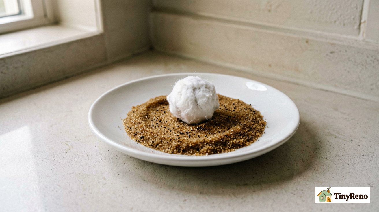 A small white saucer with a brown sugar and borax bait mixture and a soaked cotton ball at center placed on a kitchen counter
