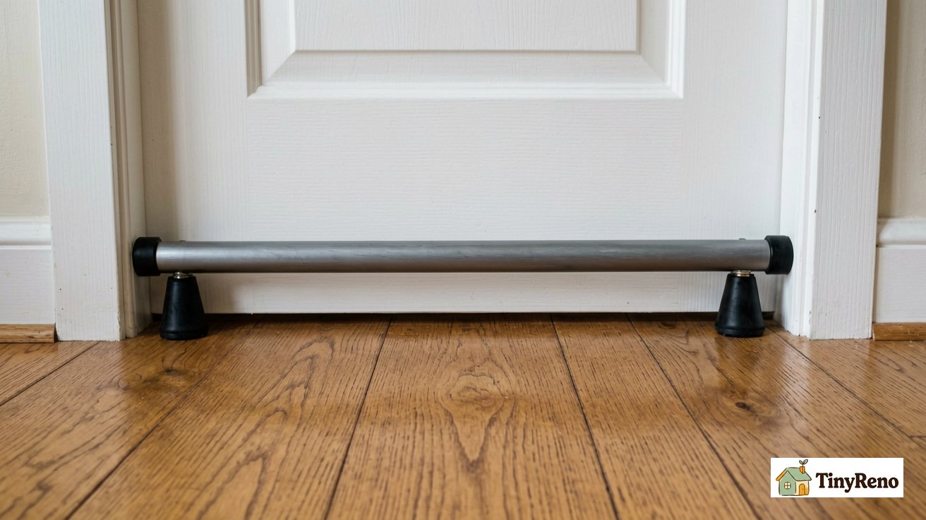 Horizontal door security bar with rubber feet installed at the base of a white apartment door on hardwood floor